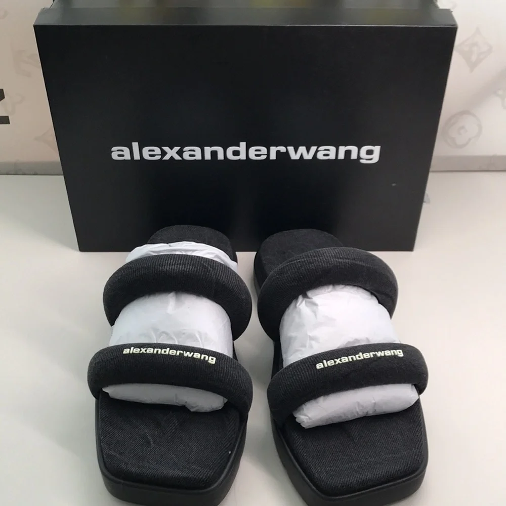 New Authentic Alexander Wang Women’s Jay Flatform Slides – Grey Denim